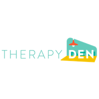 Logo for Therapy Den featuring a stylized open mouth with a tooth and a small red bird perching on the upper part of the mouth