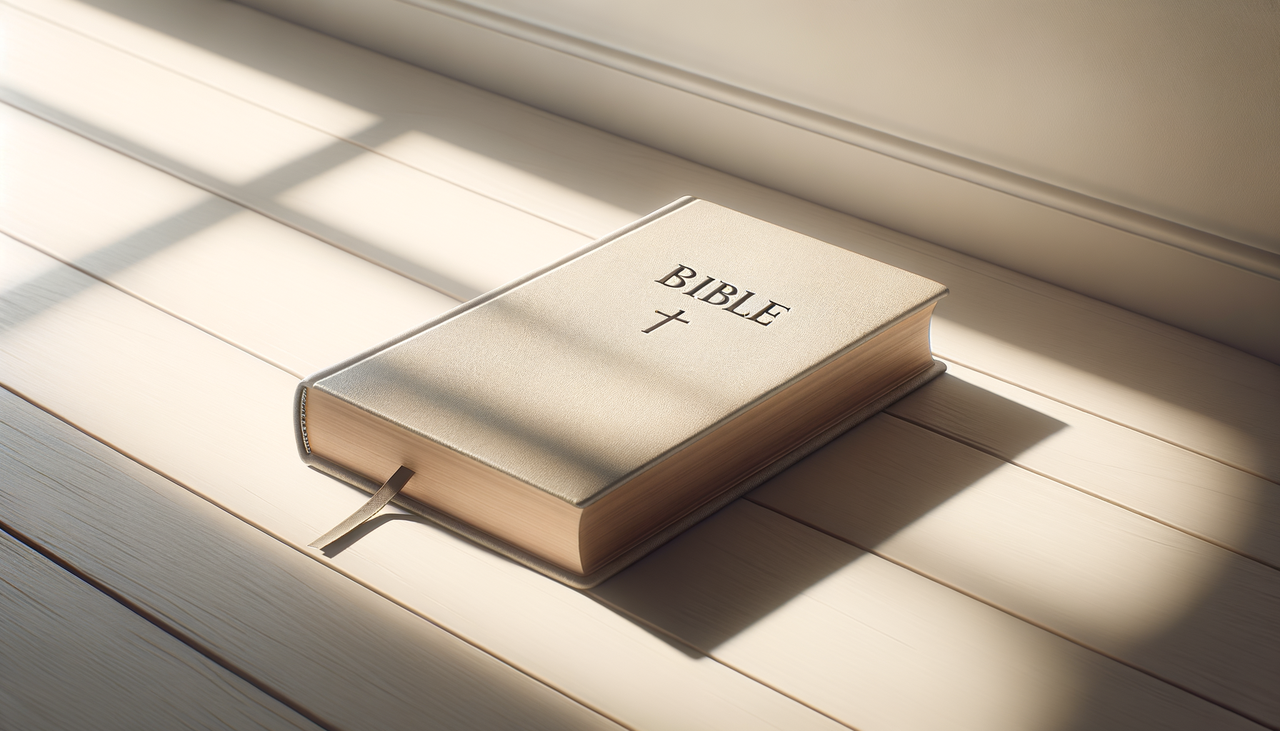 A closed white Bible with a cross on the cover is placed on a light wooden surface, with sunlight casting shadows.