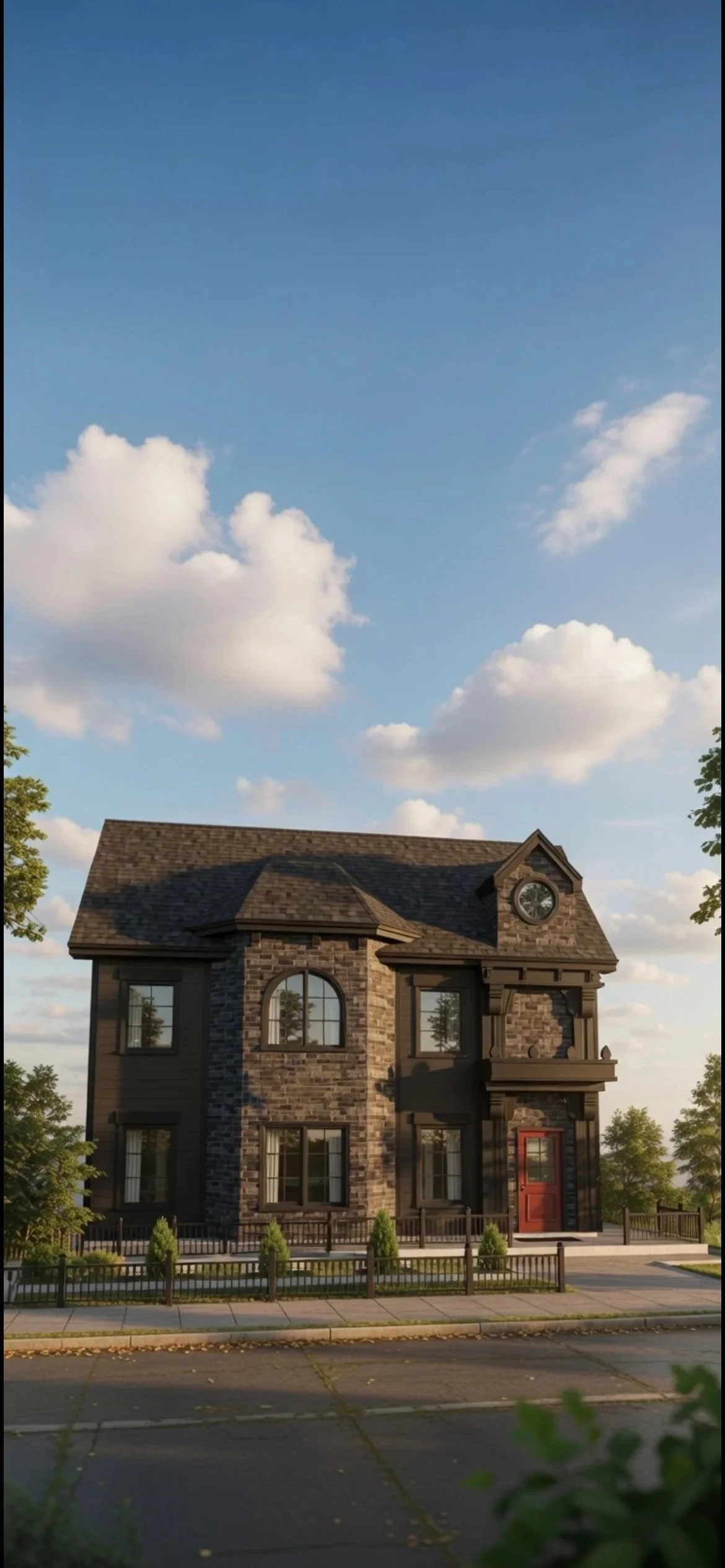 A large, three-story house with a brick and wood exterior, multiple windows, a red front door, and a balcony on the second floor, under a blue sky with scattered clouds.