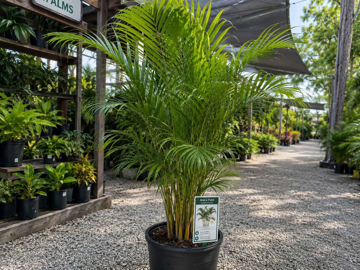 A potted Areca Palm plant with long, arching green fronds in a nursery or garden center, surrounded by other potted plants on gravel ground.