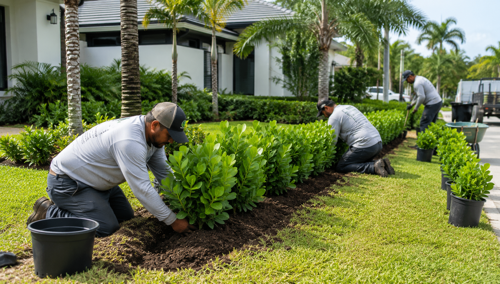 Three workers planting a hedge along a lawn in a residential area with palm trees and modern houses.