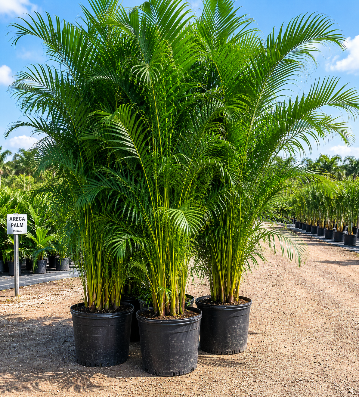 Large potted Areca palm plants with lush green fronds in an outdoor nursery, with rows of smaller potted plants and a sign that reads 'ARECA PALM 15 GAL.' under a partly cloudy sky.