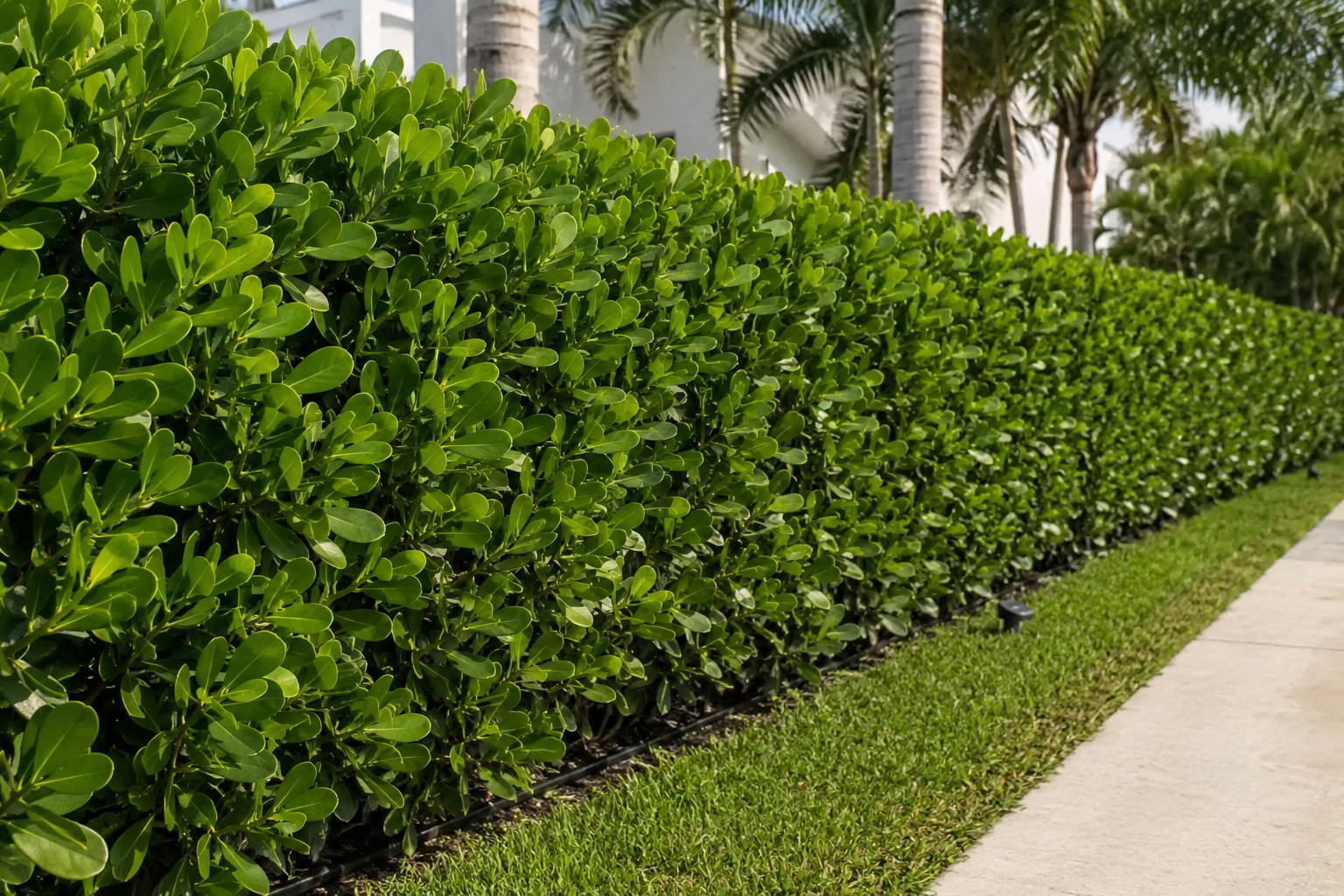 A neatly trimmed green hedge along a sidewalk with small grass patches, with palm trees visible in the background.