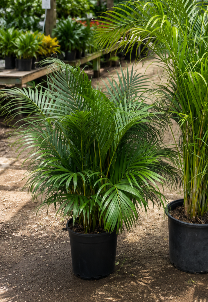 A potted palm plant with long, green, feathery fronds stands outdoors on dirt ground in a nursery or garden center, with other plants and deck in the background.