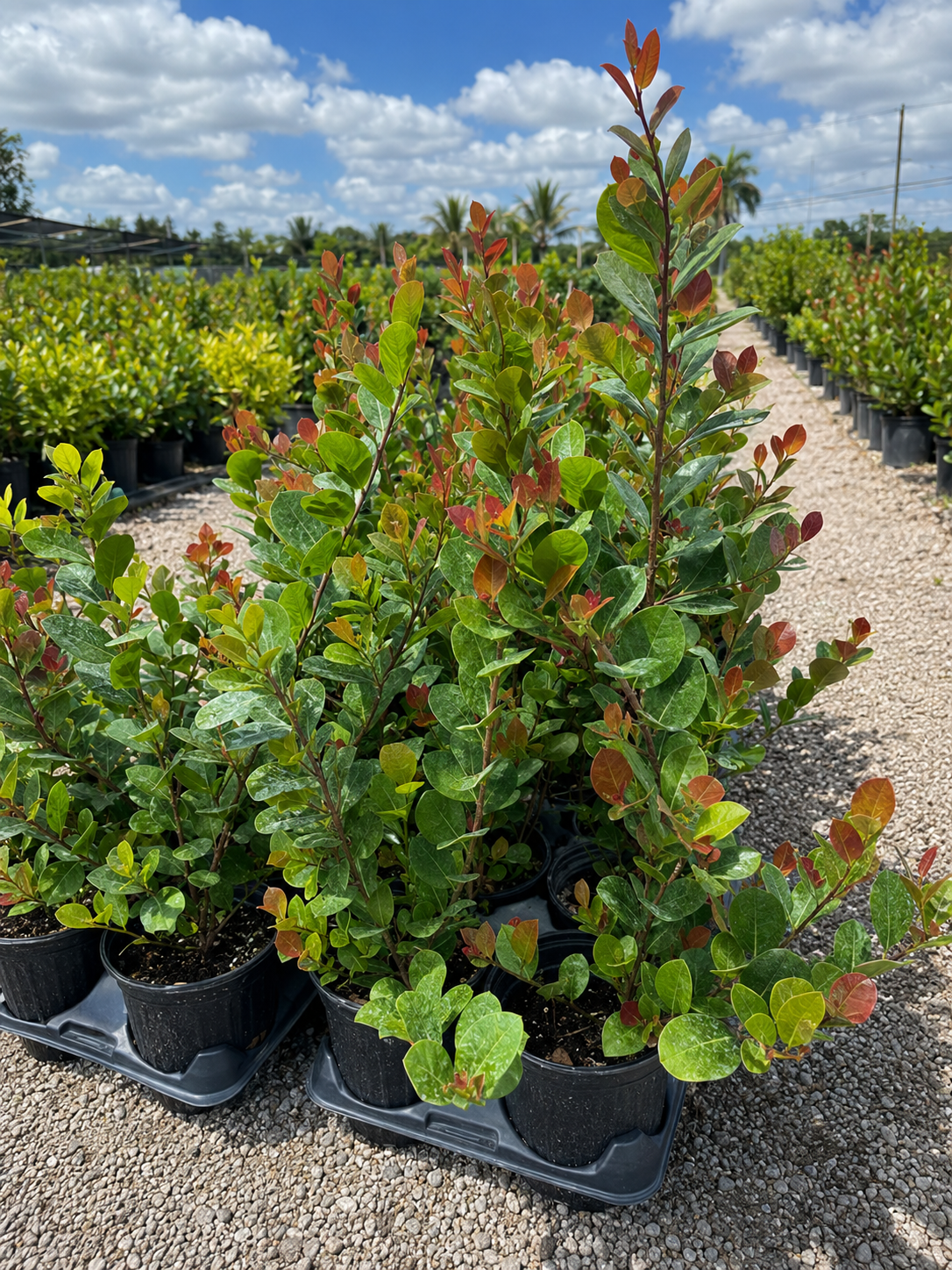 Potted shrubs with green and reddish leaves at a plant nursery, under a partly cloudy sky.