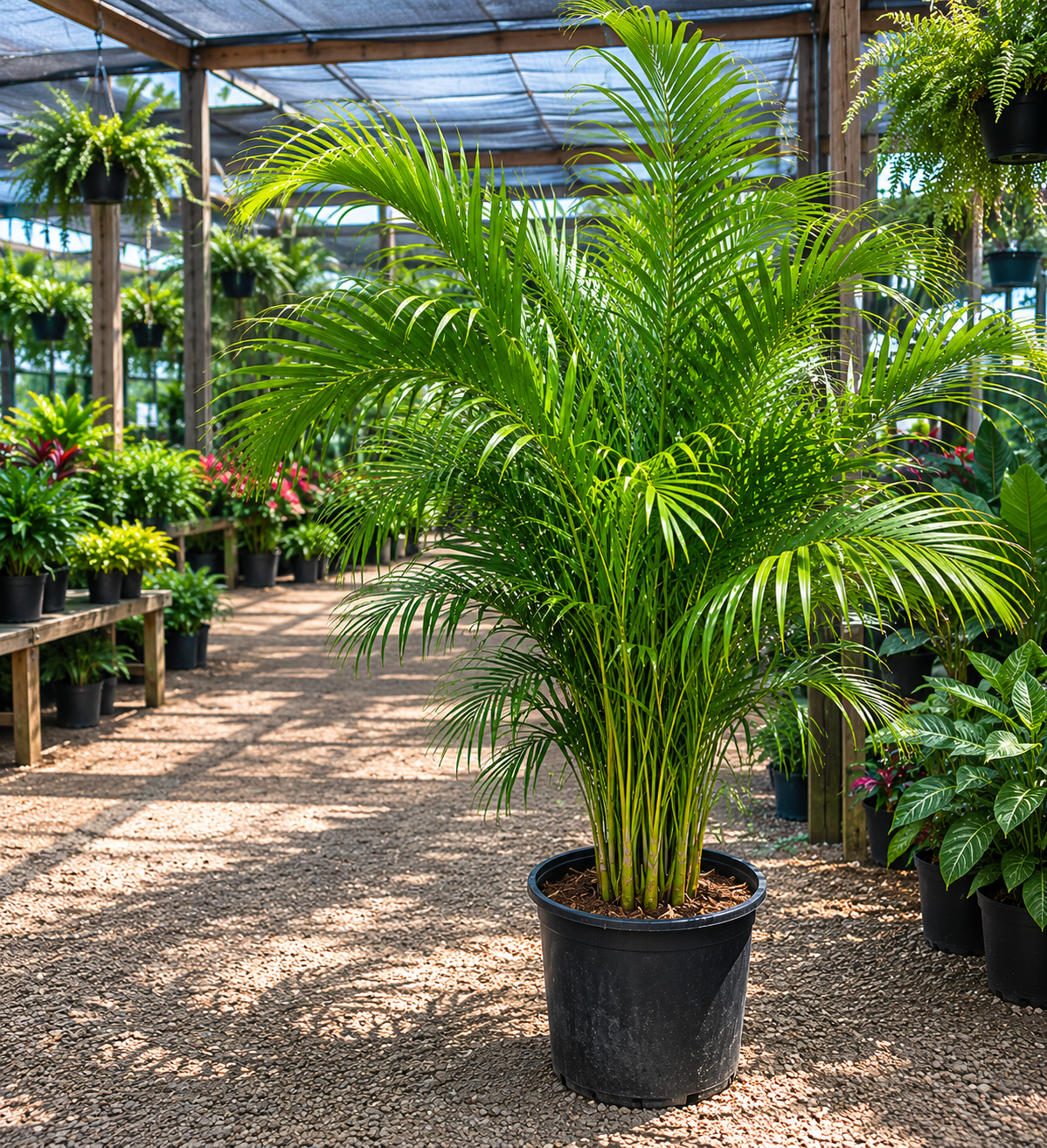 Large potted palm plant in a greenhouse with other potted plants and hanging plants on wooden shelves.