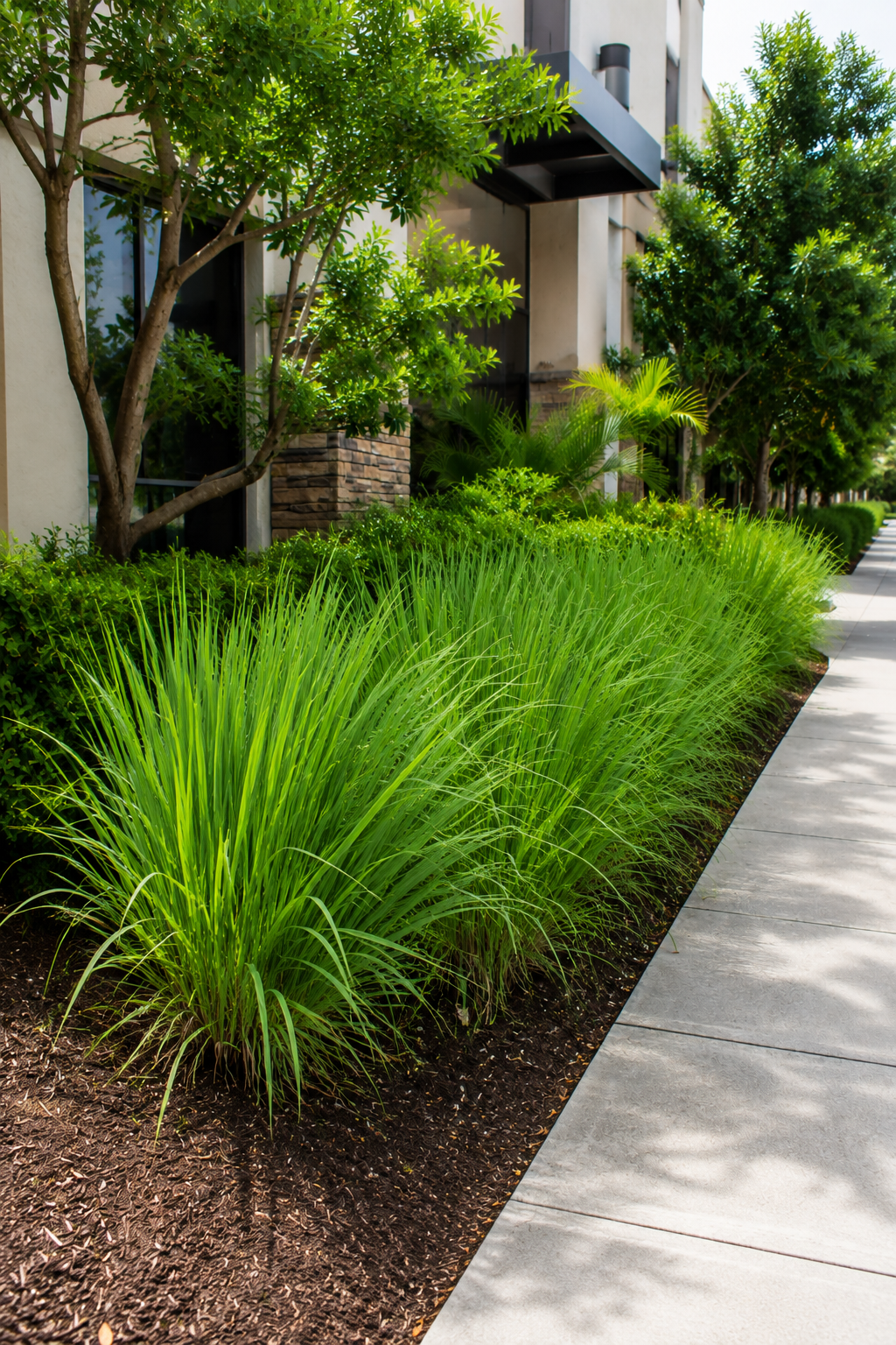 A sidewalk beside a well-maintained garden with tall green grasses, small bushes, and trees in front of modern buildings.