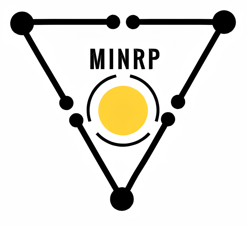 Illustration of a symbol with a yellow circle in the center and the acronym 'MINRP' above it, connected by lines and dots forming a triangle.
