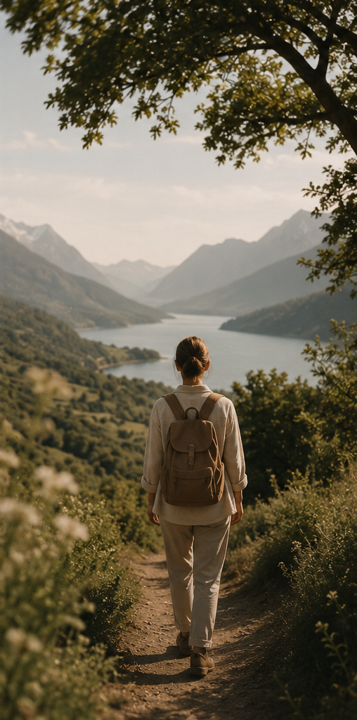 A woman with a backpack hiking on a trail overlooking a scenic river valley with mountains in the background.