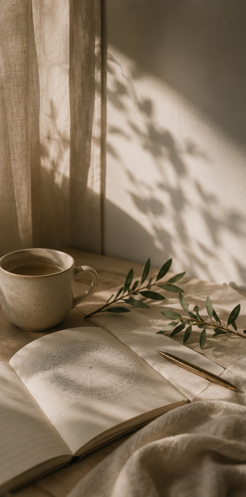 A cozy scene with a cup of coffee, an open notebook with star charts, a gold pen, and green leaves on a wooden surface near a window with curtains, casting shadows.