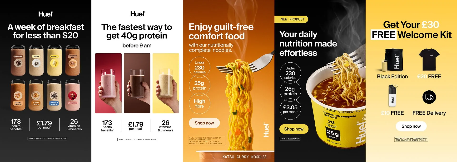 A promotional graphic for Huel products featuring various meal and beverage options. It highlights benefits, prices, and special offers such as free welcome kit, free delivery, and discounts.