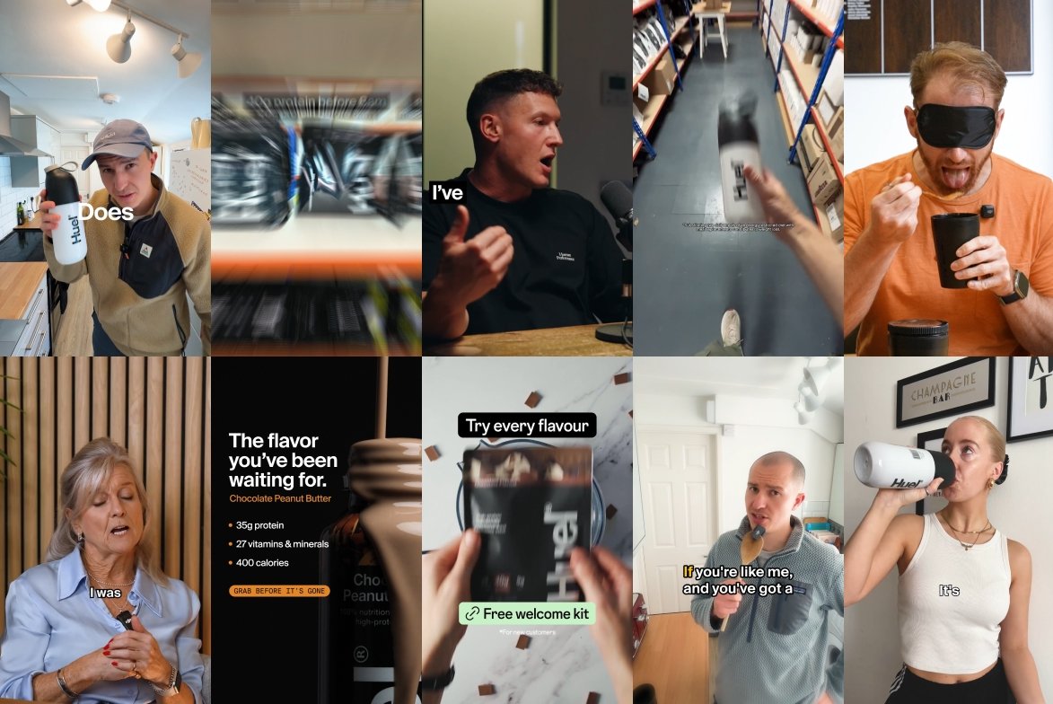 A collage of ten people in various settings, including a man holding a water bottle, a person shopping in a store, a man speaking into a microphone, a person with a blindfold, a man trying a product, a woman at a wine bar, a hand holding a product package, a man with a microphone, and a woman drinking from a bottle.