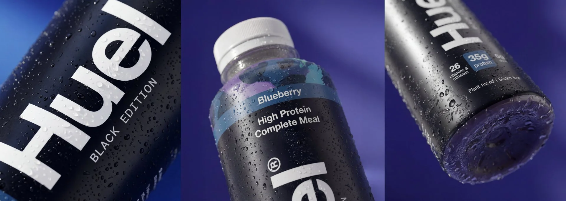 Close-up of a black water bottle with droplets, labeled 'FUEL' in large white letters and 'Black Edition.' The middle image shows a water bottle with a white cap labeled 'Blueberry,' with droplets on the surface. The right image displays the base of 