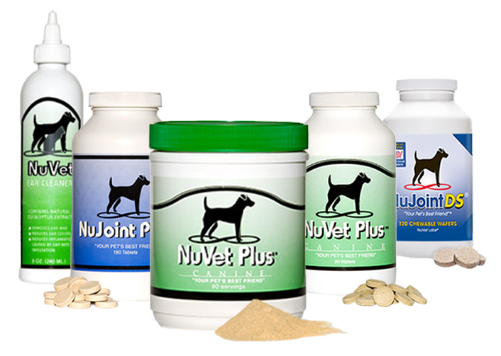 Collection of NuVet Plus and NuJoint DS supplement bottles and chewable wafers for pets, with some powder and pills in front.