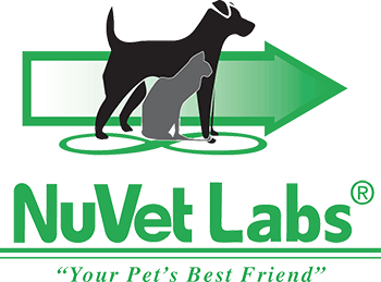 Logo for NuVet Labs with a dog and cat silhouette, green arrow, and tagline 'Your Pet's Best Friend'.