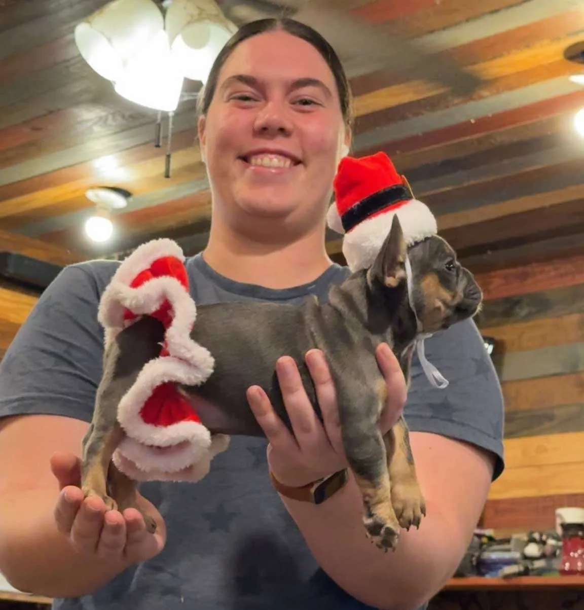 A young man smiling and holding a puppy dressed in a Santa hat and Santa beard. The puppy has a small red Santa hat with white trim. The background has wooden paneling and ceiling lights.