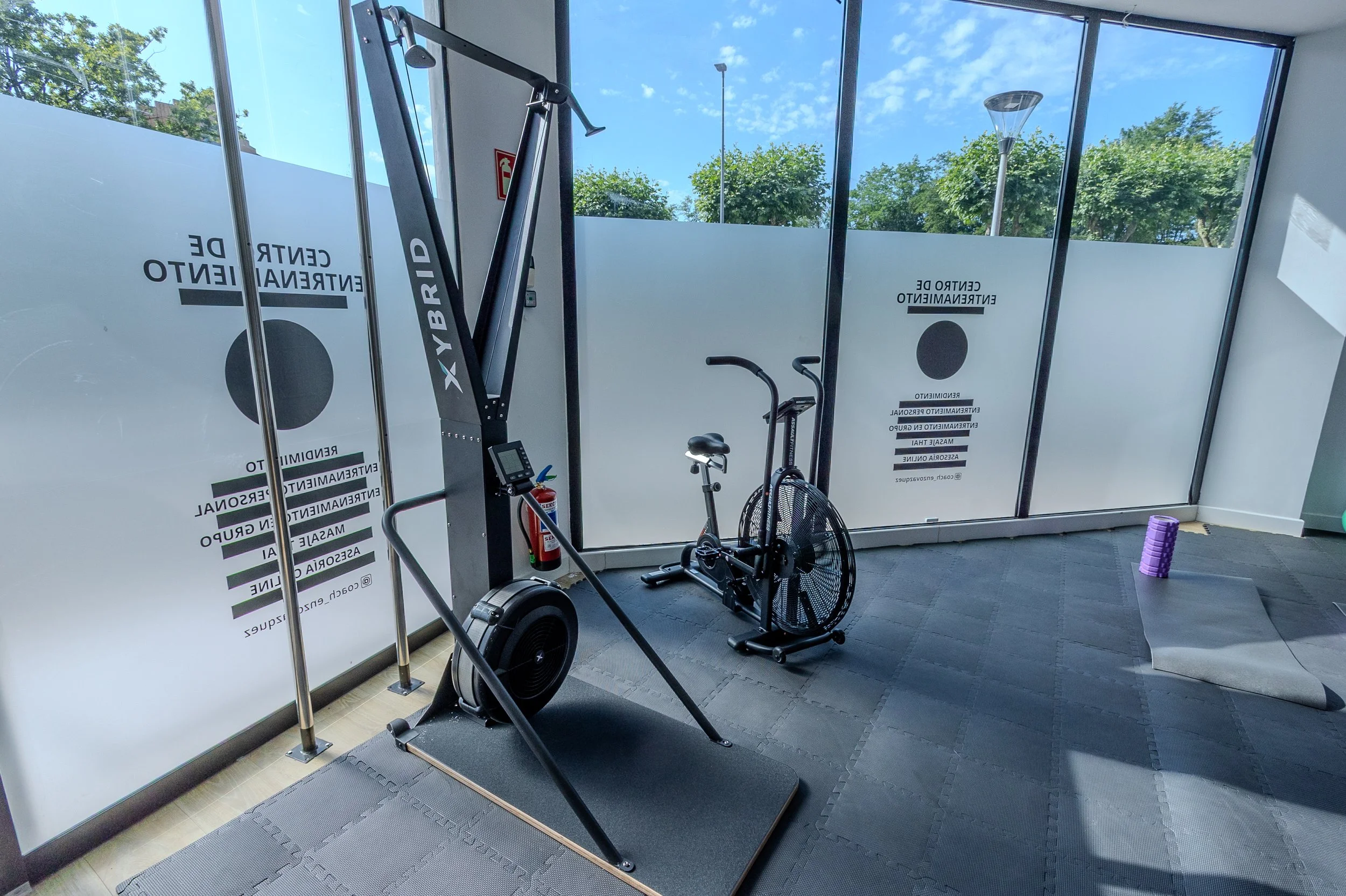 Interior de un gimnasio con equipo de ejercicio, incluyendo bicicleta fija, caminadora, y peso libre, junto a ventanas grandes con vista a árboles y cielo azul.