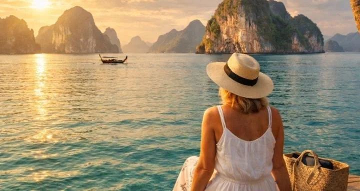 A woman in a white dress and wide-brimmed hat sitting on a boat, looking at the water and distant limestone islands at sunset.