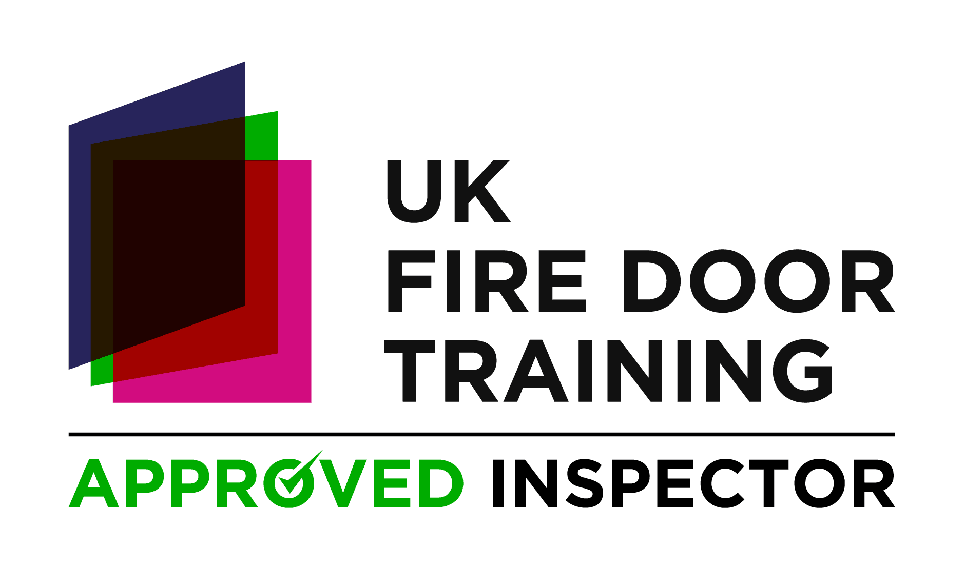 Logo for UK Fire Door Training with multiple colored overlapping door shapes and text indicating approval and inspection