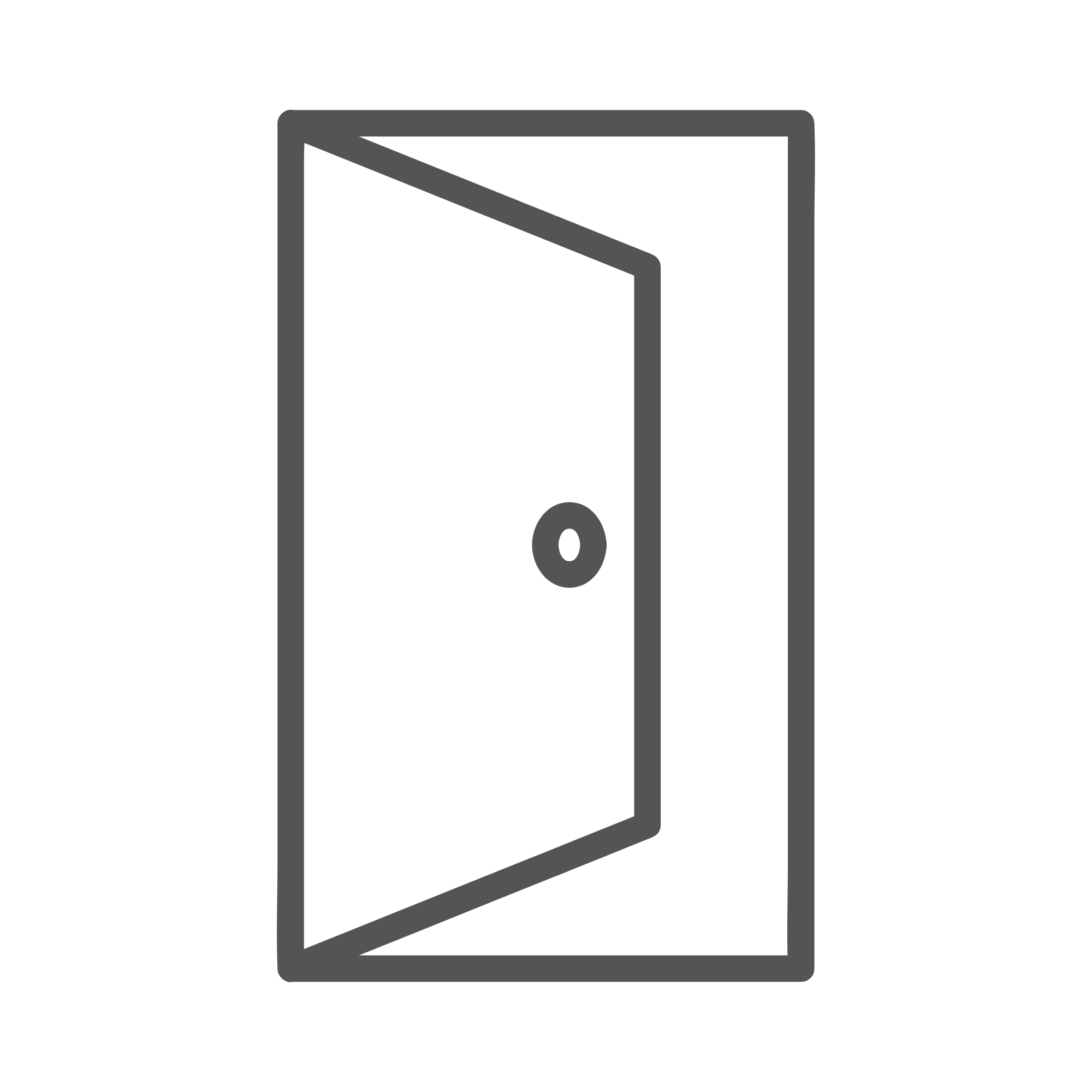 Line art illustration of a door with a downward-opening hinge and a round doorknob.