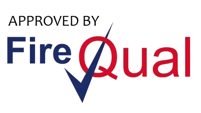 Logo with the words "Fire Qual" and a large blue checkmark integrated into the text.