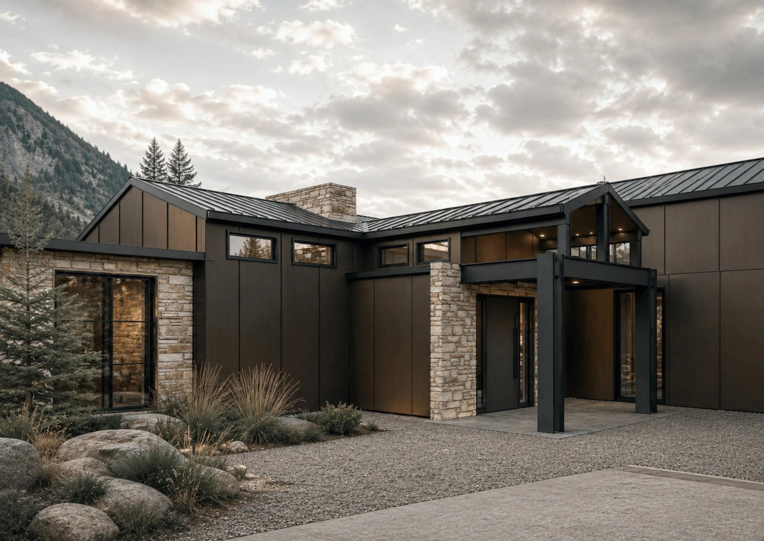 A modern house with a black metal roof and stone accents, multiple windows, and a porch, set against a mountainous background with pine trees and a cloudy sky.
