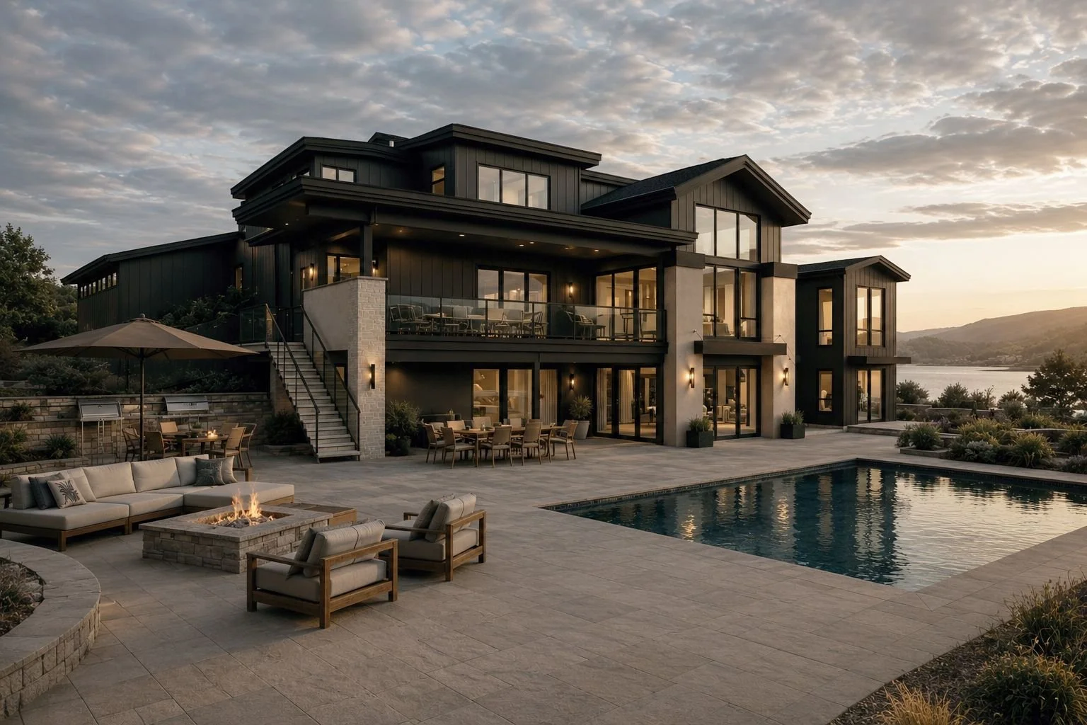 Modern multi-story house with large windows, outdoor patio, swimming pool, and landscaped yard at sunset, overlooking water and hills.