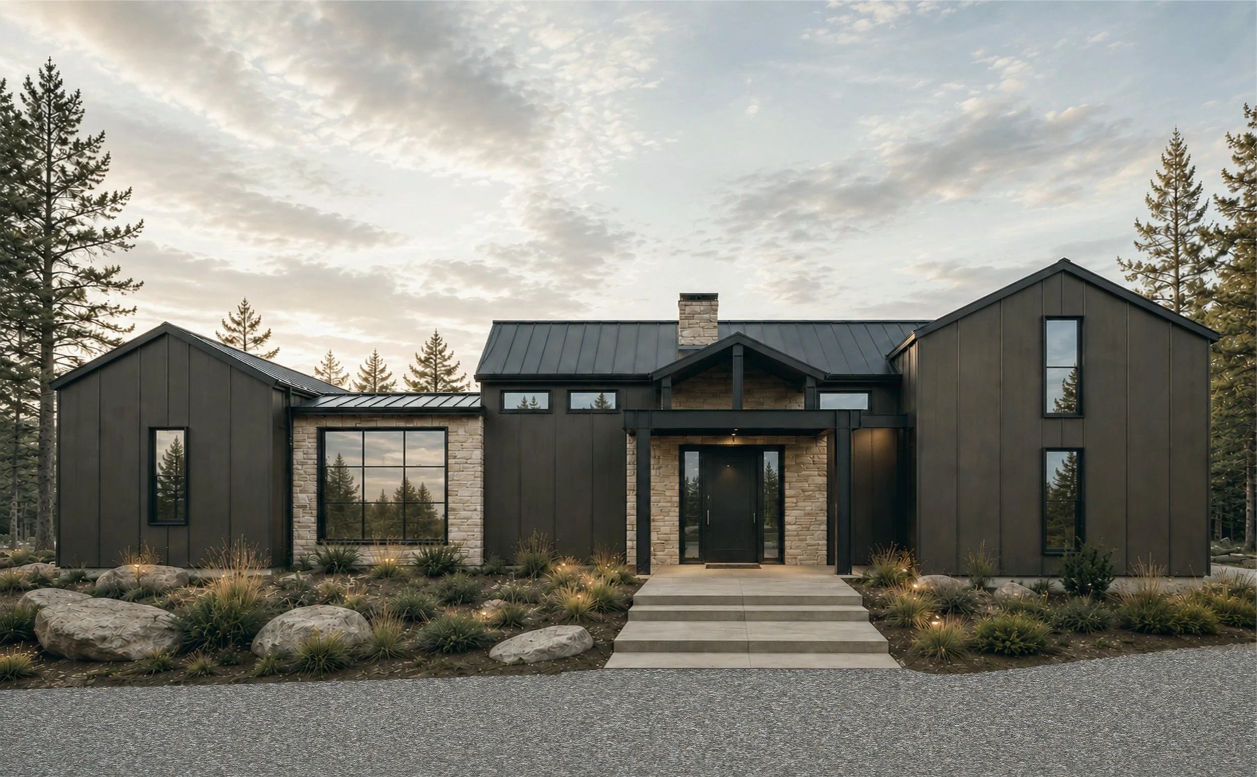 Modern black house with large windows, stone accents, and a stepped concrete pathway leading to the entrance, surrounded by rocks, plants, and tall pine trees under a partly cloudy sky.