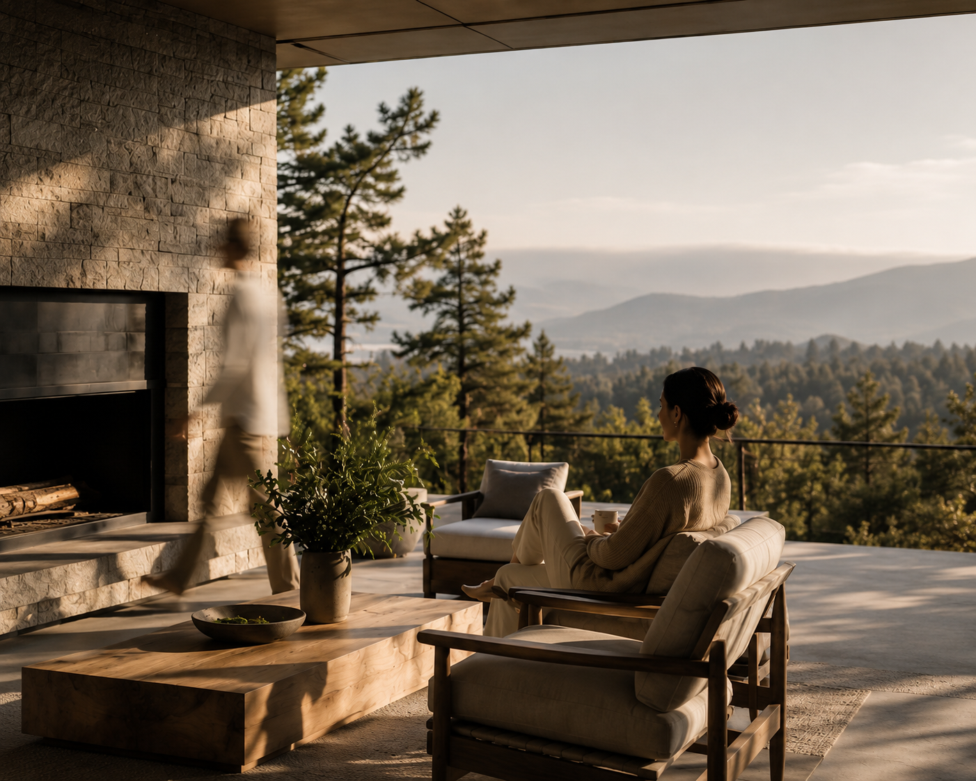 A woman sitting on a patio chair, gazing at a mountain landscape with trees, in the late afternoon or early evening.