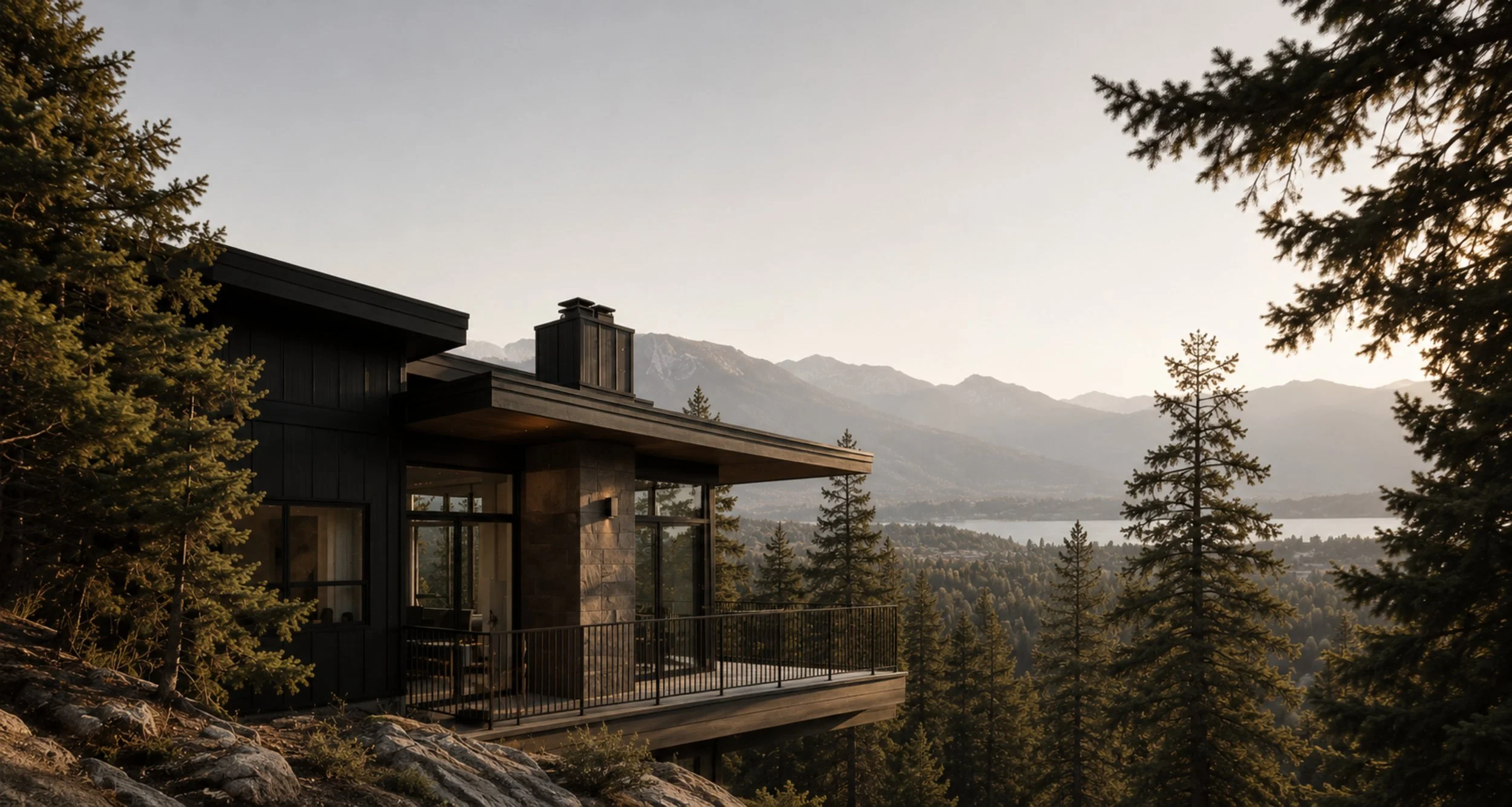 Modern black house with large glass windows and balcony, surrounded by pine trees, overlooking a mountainous landscape at sunset.