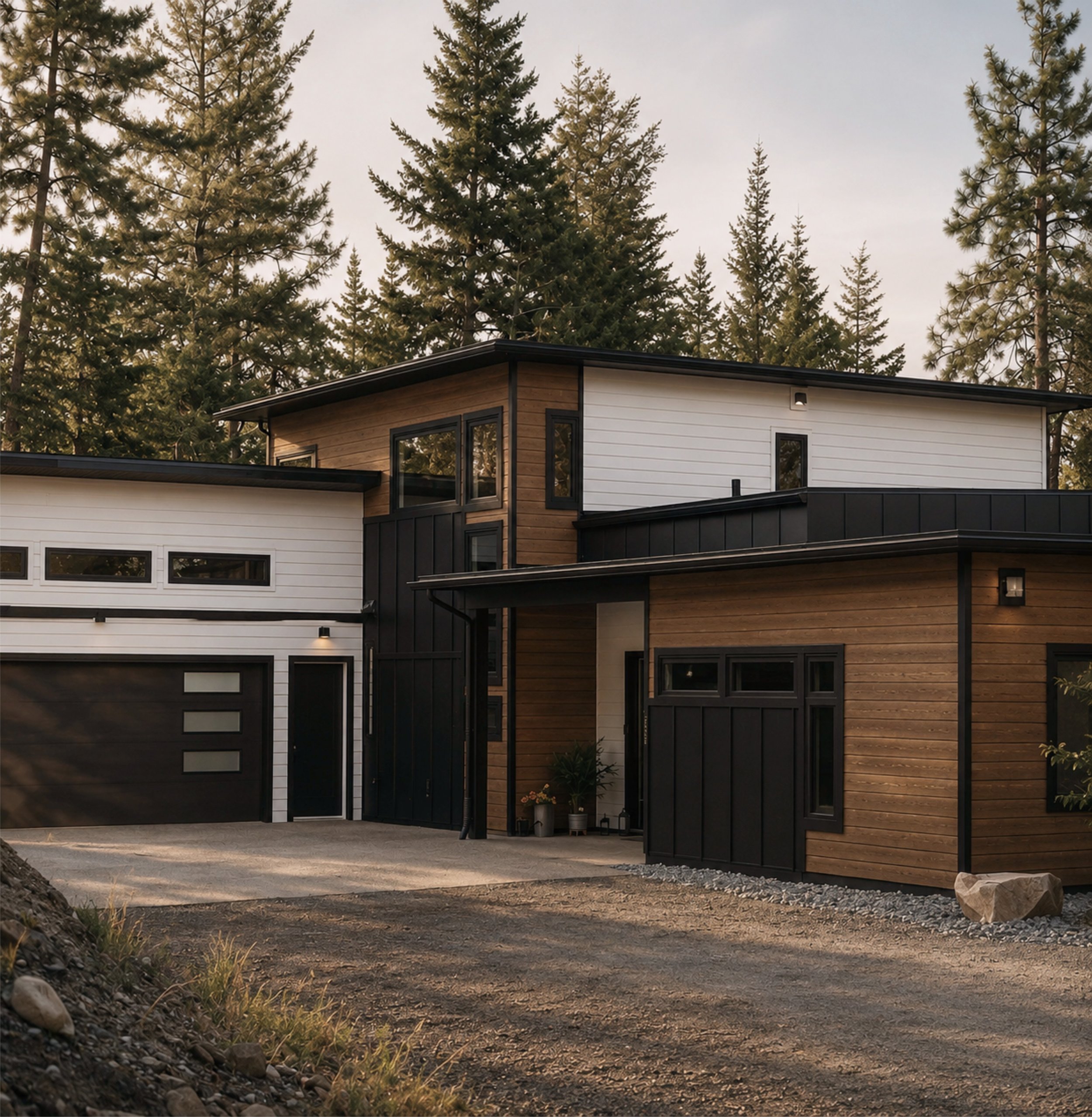 Modern two-story house with a black and white exterior, wooden accents, and large windows, set against a backdrop of tall pine trees under a cloudy sky.
