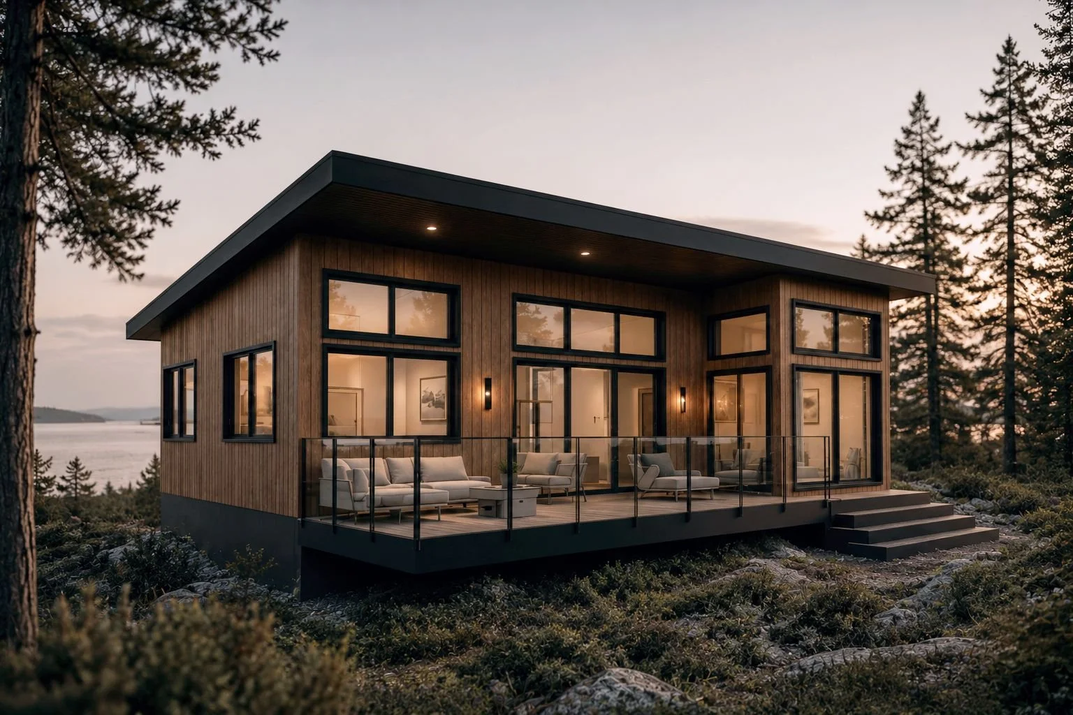 Modern wooden house with large glass windows and a spacious balcony, located in a forested area near water, during sunset.