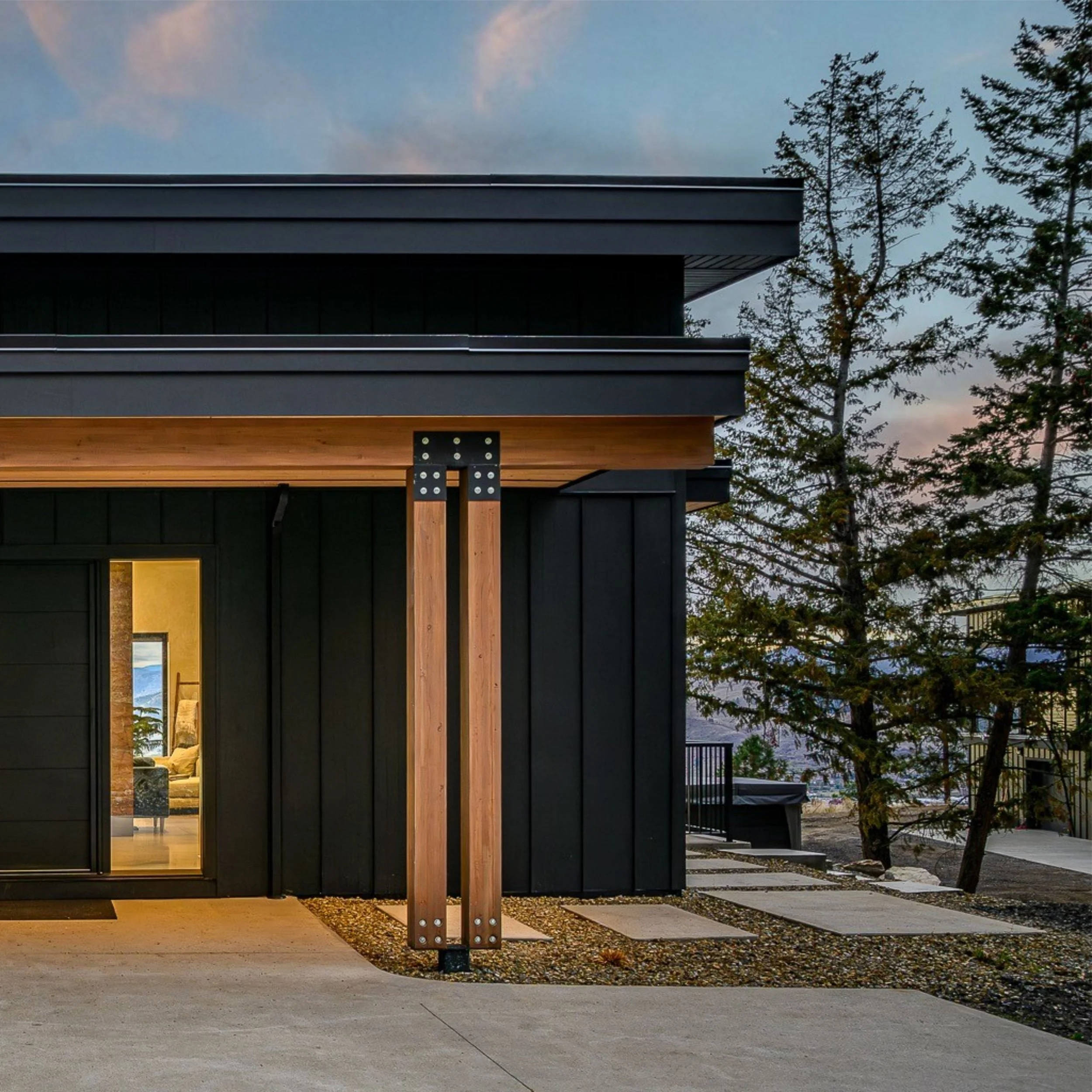 Modern house exterior with black siding, wood accents, large glass doors, and surrounding trees at dusk.