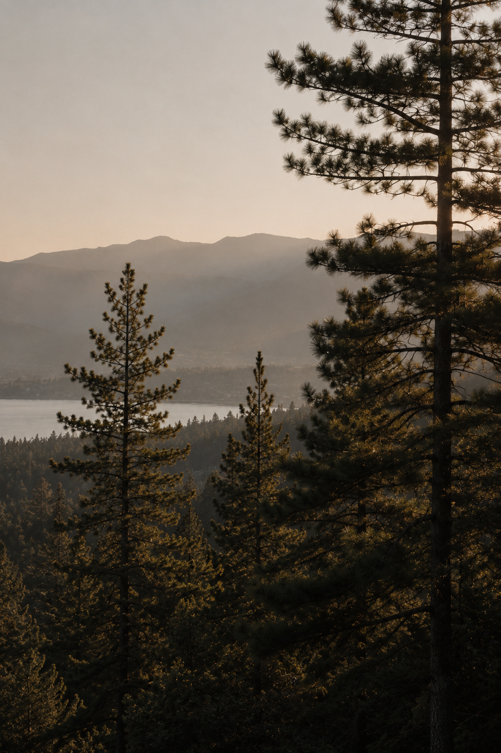 A landscape of tall pine trees in the foreground, with a mountain range in the background during sunset.