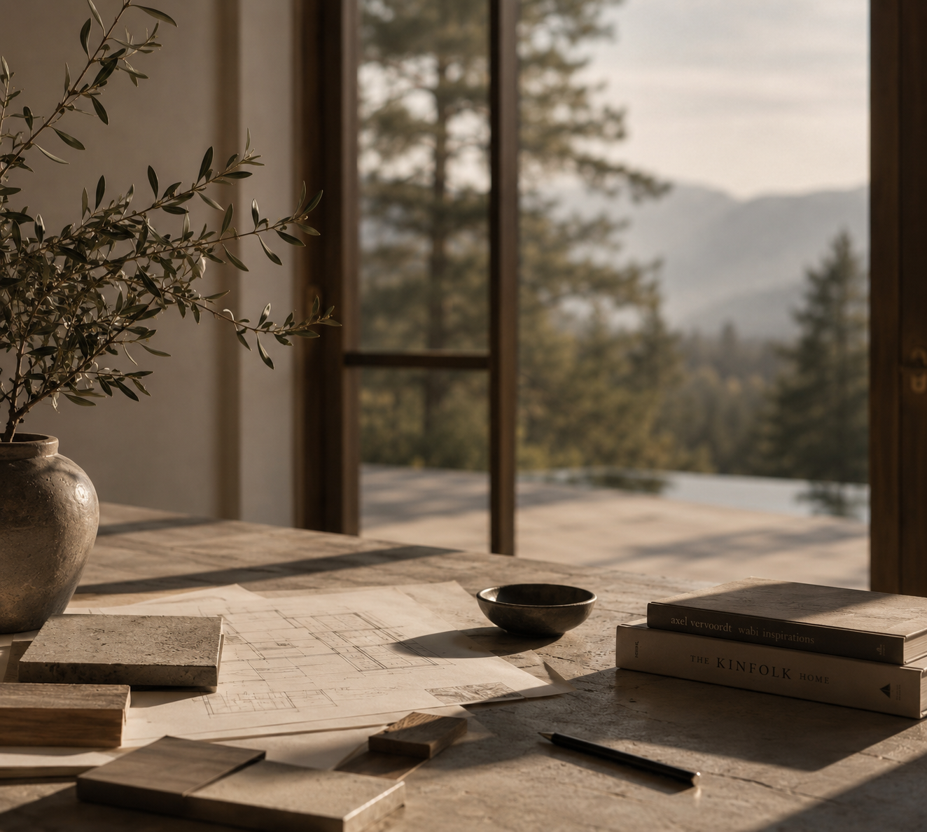 An artist's workspace with architectural plans, books, and sample materials on a rustic table, overlooking a scenic mountain view through open windows.