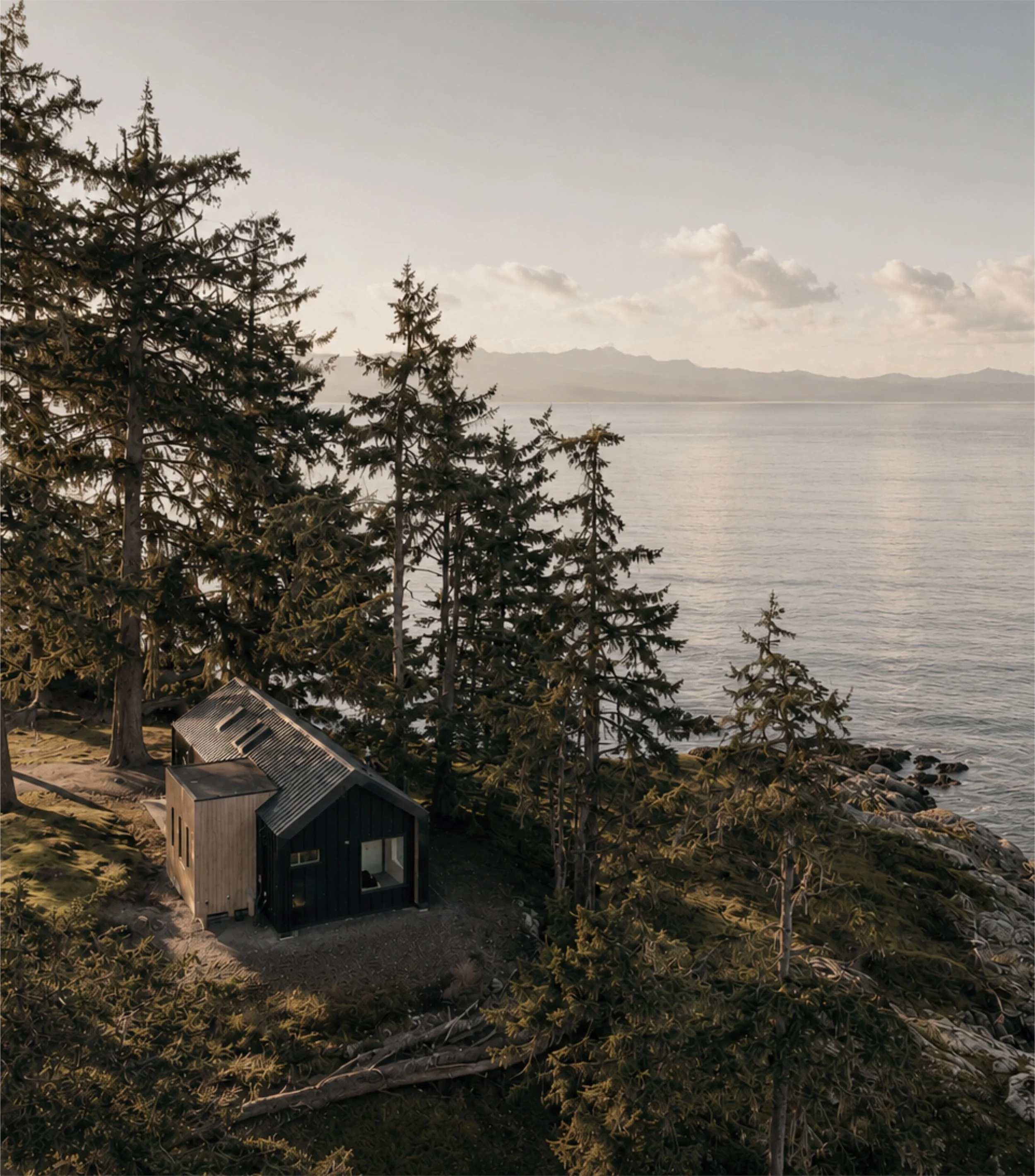 A coastal scene with trees, a small wooden house, and mountains in the background, viewed during sunset or sunrise.