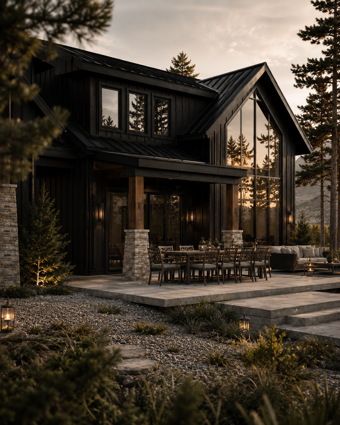 A modern black house with large glass windows on the mountain at sunset, outdoor dining table with chairs, patio seating area, and surrounding trees and lanterns