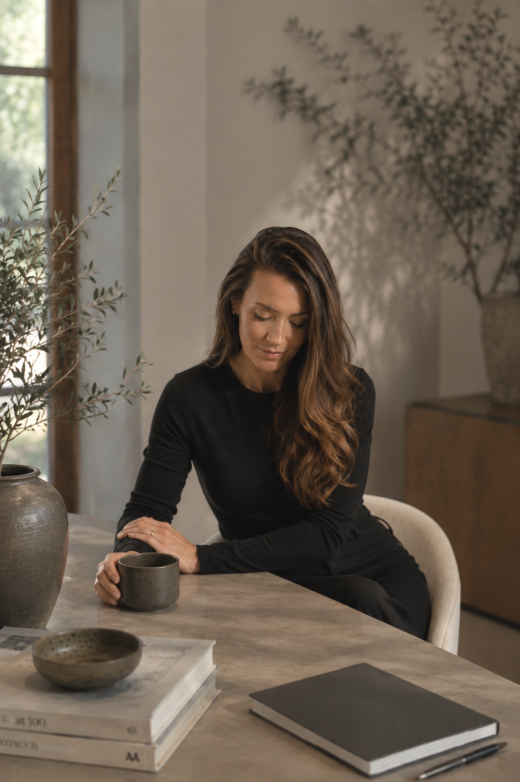 A woman with long brown hair sitting at a table, holding a cup, with a neutral expression, in a room decorated with potted plants and books.