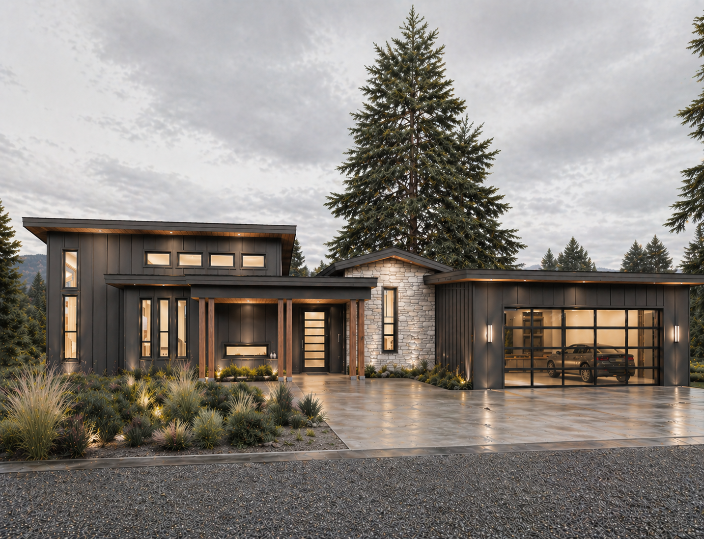 Modern house with dark exterior, large windows, stone accents, and a glass garage door, surrounded by trees, with outdoor lighting and landscaped yard.