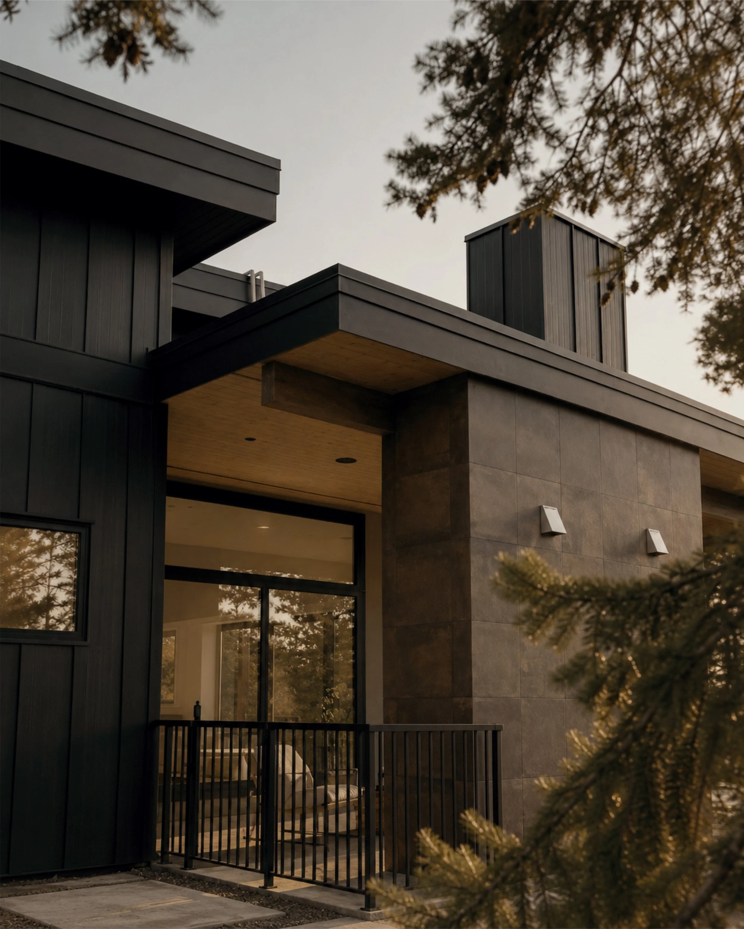 Modern house with black exterior, large glass windows, small balcony, and flat roof, surrounded by trees.