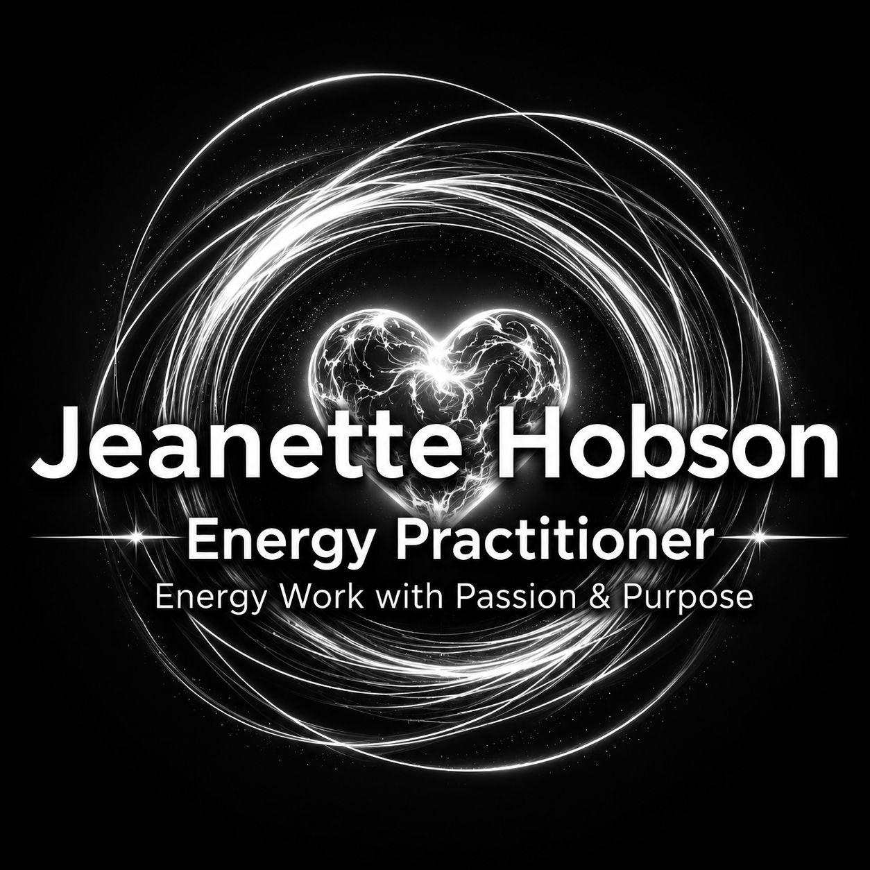 Black background with glowing white heart made of electrical energy surrounded by swirling energy lines. Text overlay reads 'Jeanette Hobson, Energy Practitioner, Energy Work with Passion & Purpose'.