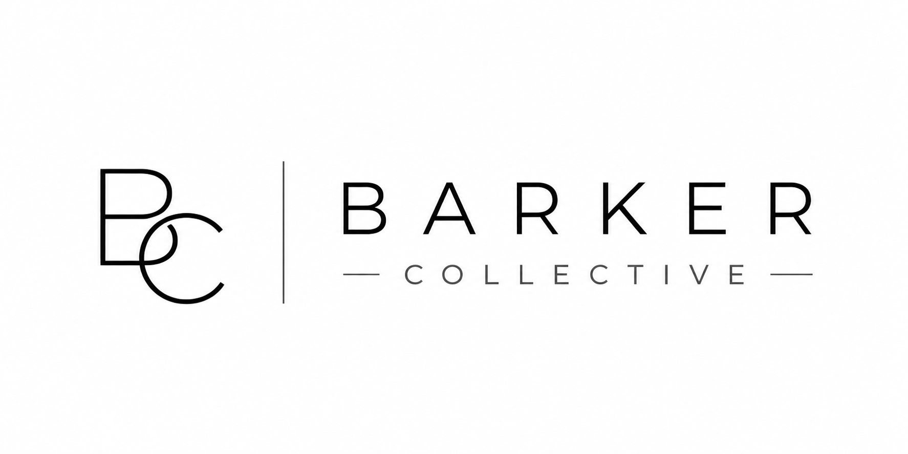 Logo for P&E Barker Collective in black and white, with stylized initials P and E on the left, and the text 'Barker' and 'Collective' separated by a vertical line.
