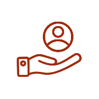 A hand holding a circle with a person icon inside, representing care or support.