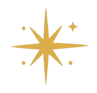 A golden star surrounded by smaller stars and dots.