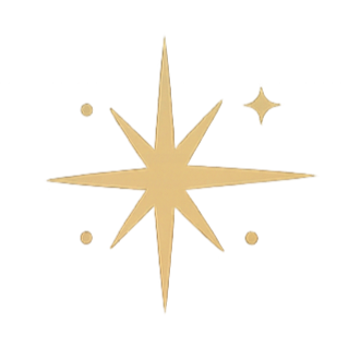 A gold star with smaller stars and dots around it on a black background.