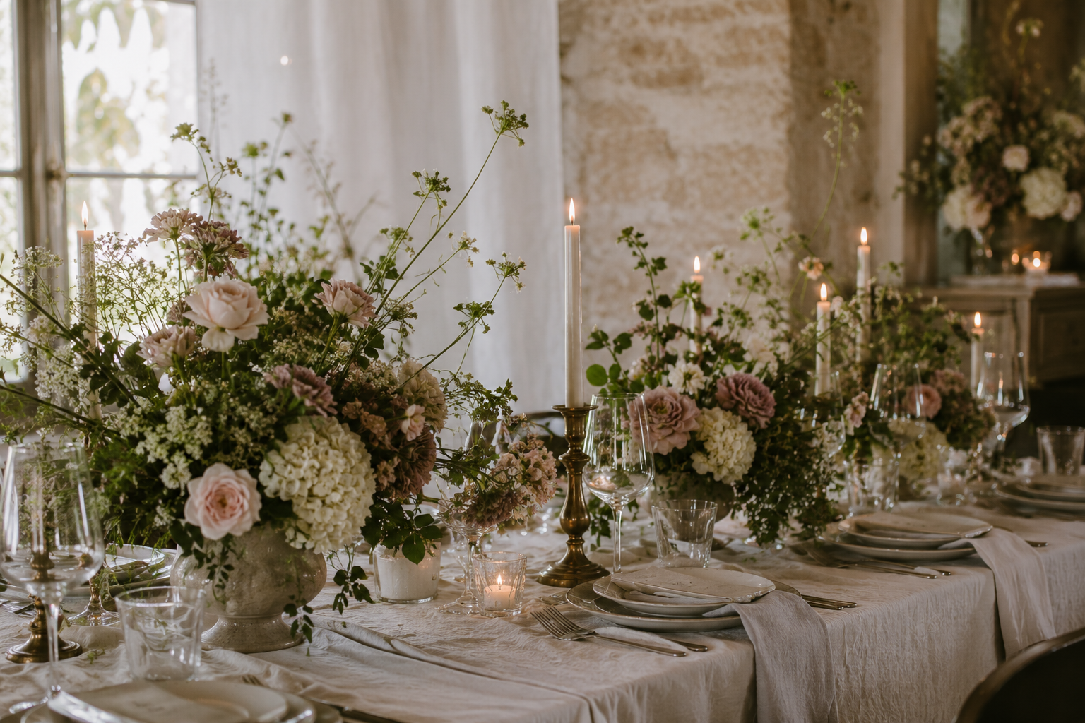 Elegant wedding table decorated with pastel-colored flower arrangements, tall candlesticks with lit candles, wine glasses, plates, and silverware in a rustic indoor setting.