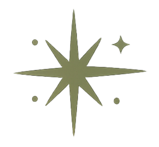 A stylized starburst with multiple points, surrounded by small star and dot shapes.