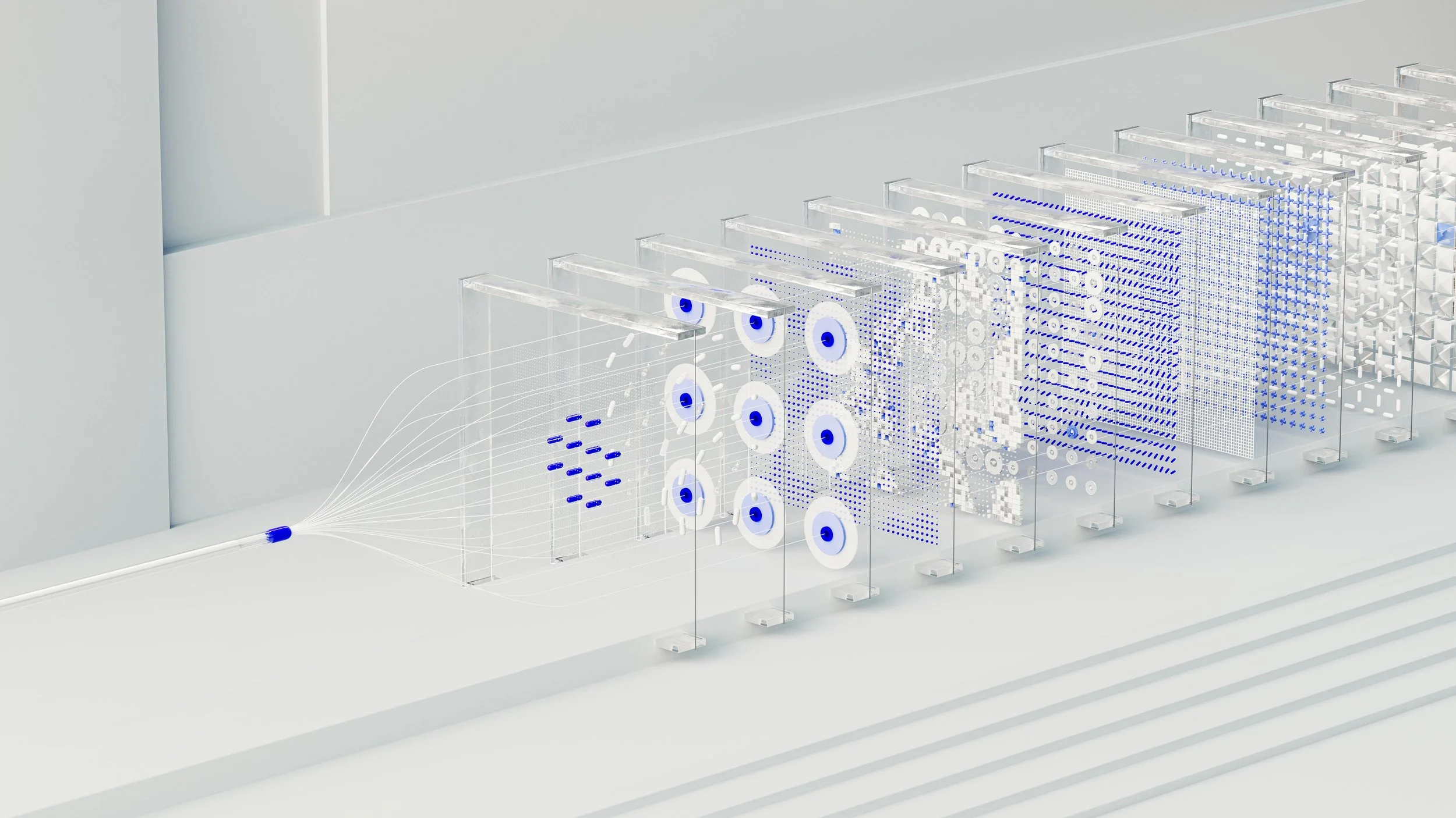 A digital illustration of a complex, futuristic data processing system or neural network model with multiple layers of interconnected transparent panels featuring blue and white data points and geometric patterns.