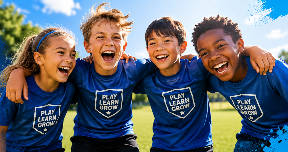 Group of four kids smiling and laughing with arms around each other on a soccer field, wearing blue shirts that say 'Play Learn Grow'.