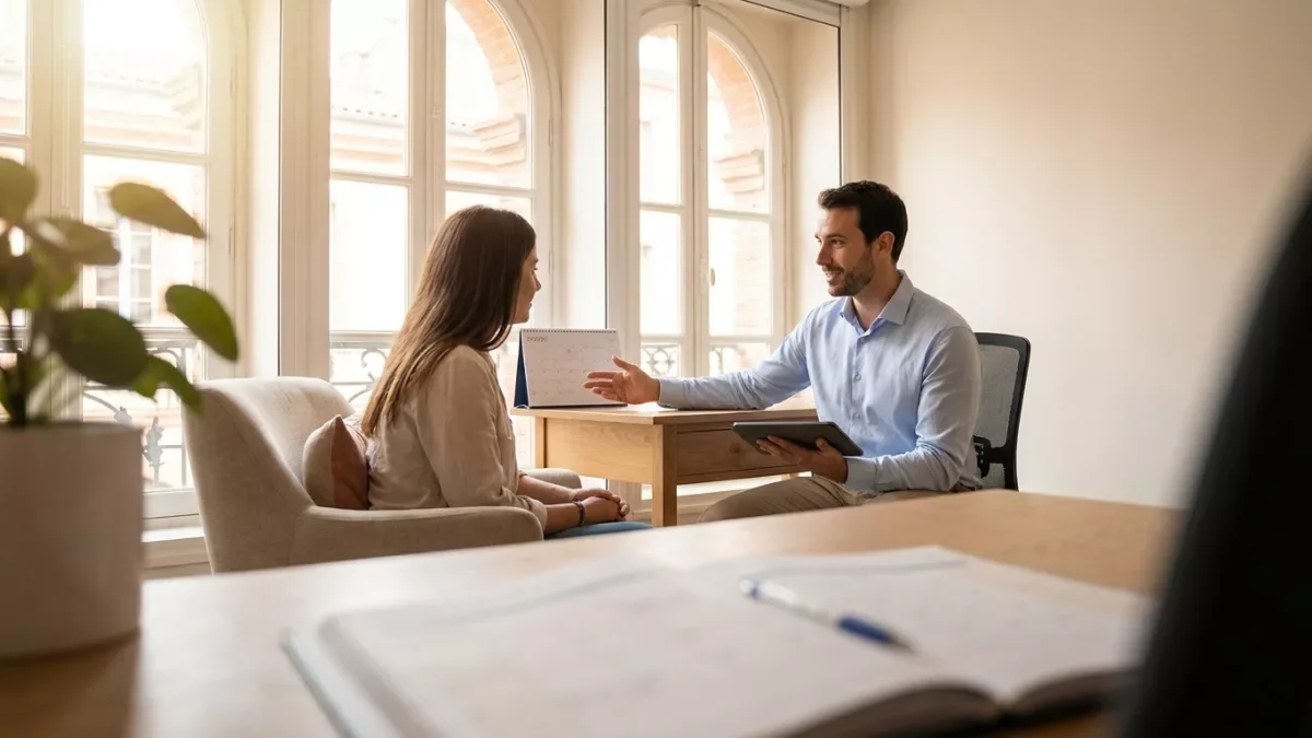 Un homme et une femme discutent dans un bureau lumineux, assis face à face, avec une fenêtre grande et lumineuse en arrière-plan.